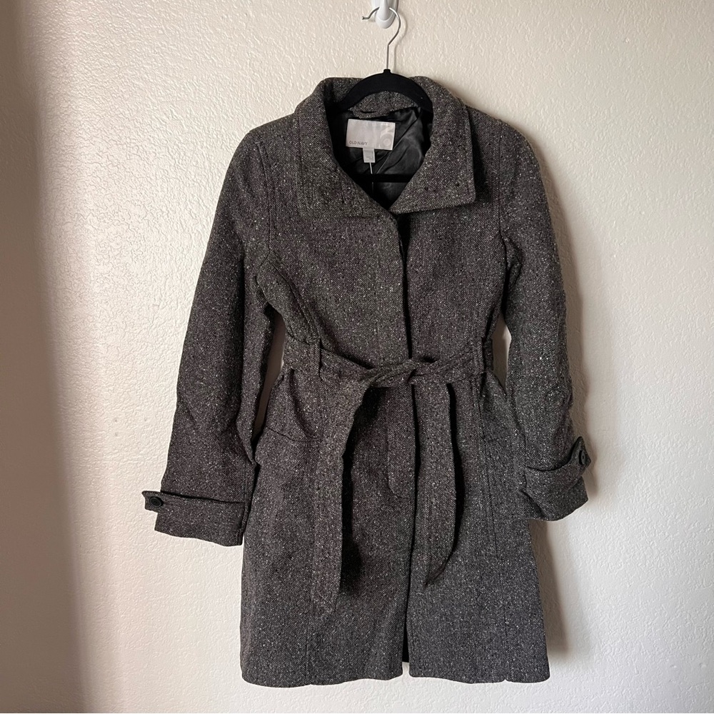 Old Navy Gray Tweed Belted Trench Coat